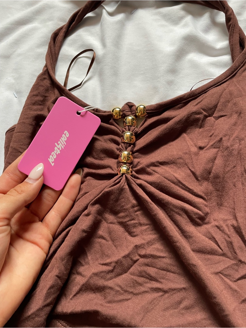 NEW WITH TAGS Edikted Chocolate Brown Ruched Front Tank Top - Picture 4 of 6